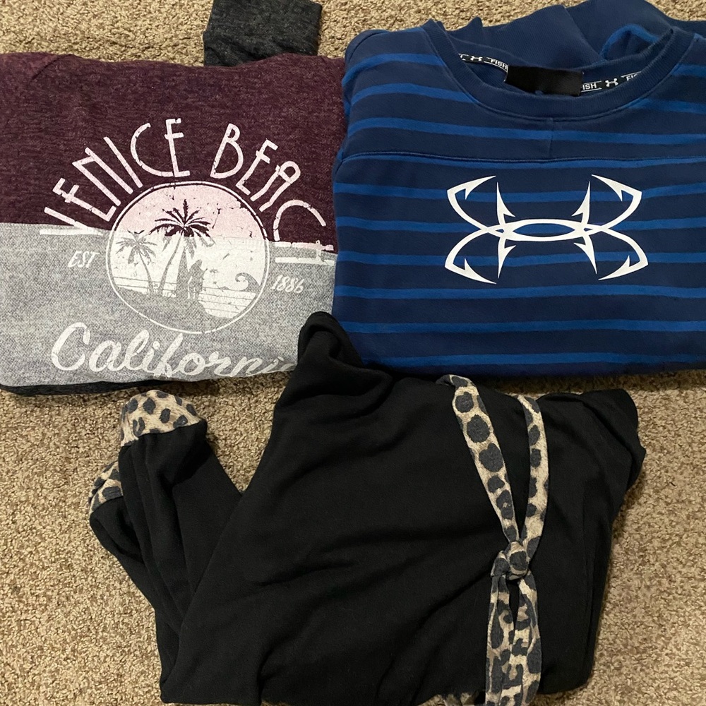 Collection of sweaters. Under Armour Blue and Black Striped Top. Western Hoodie